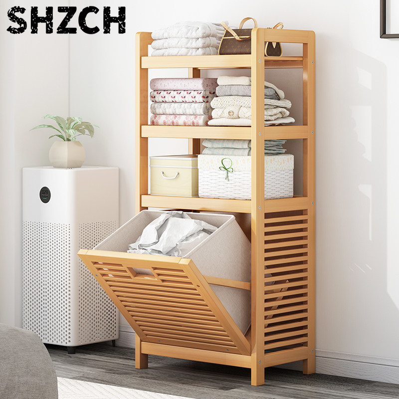 Home Bathroom Organizer - Multi-Tier Bamboo Laundry Hamper with Ventilated