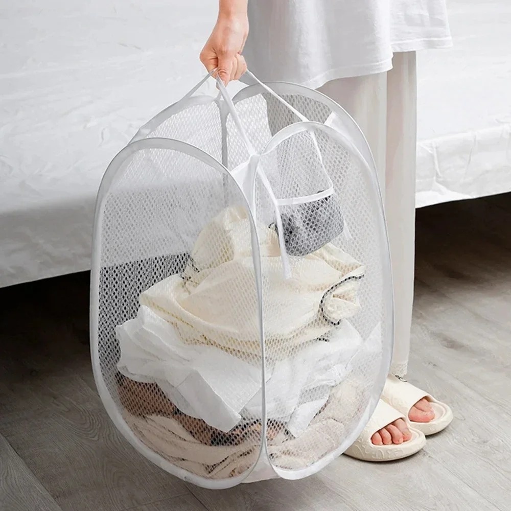 Home Bathroom Organizer - Foldable Pop-up Mesh Laundry Basket Large