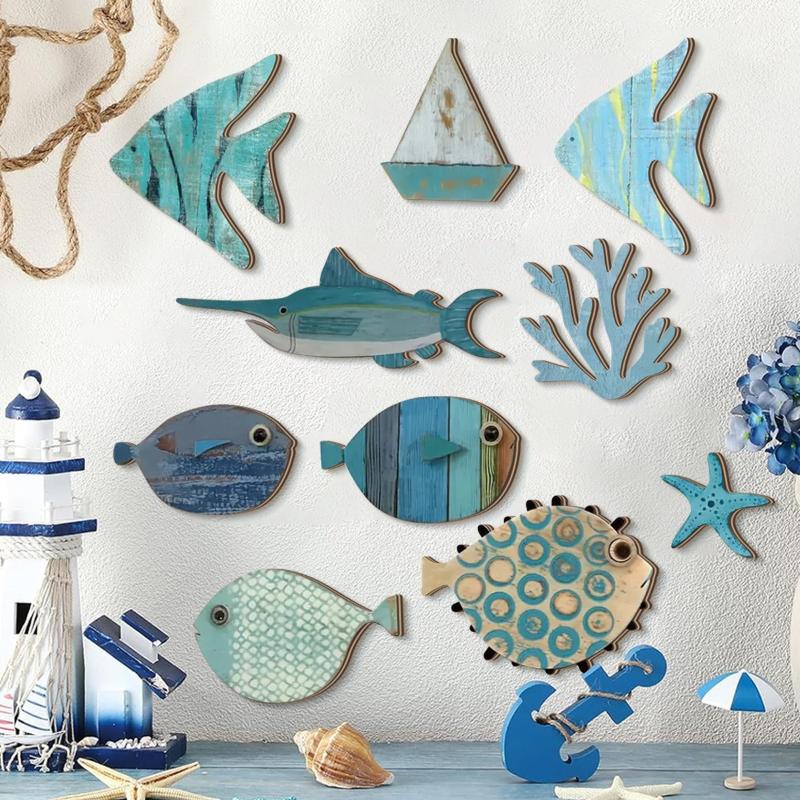 10pcs/set Fish Wall Decor Wood - đánh giá và giá Jet Home Bathroom